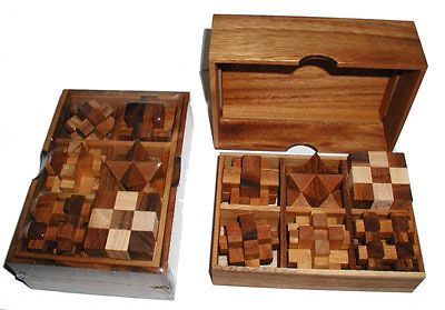 wood brain teaser puzzle gift set in wood box w/cover