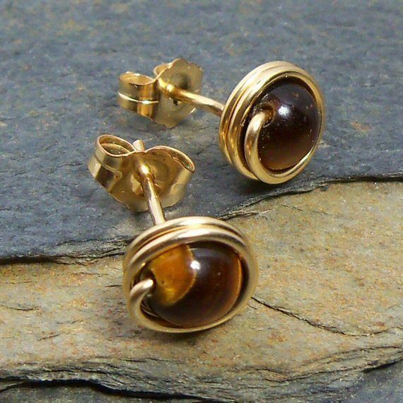 Tiger Eye Gemstone Stud Earrings in 14k Gold Filled or Sterling Silver