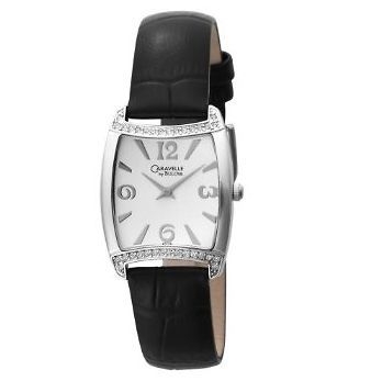 BULOVA WOMENS BLACK STRAP SILVER WATCH   32 DAZZLING SWAROVSKI