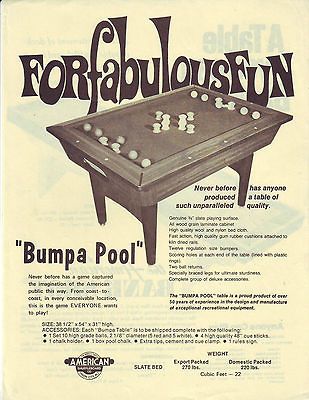 BUMPA POOL BUMPER POOL TABLE b/w BANK SHOT AMERICAN SHUFFLEBOARD FLYER