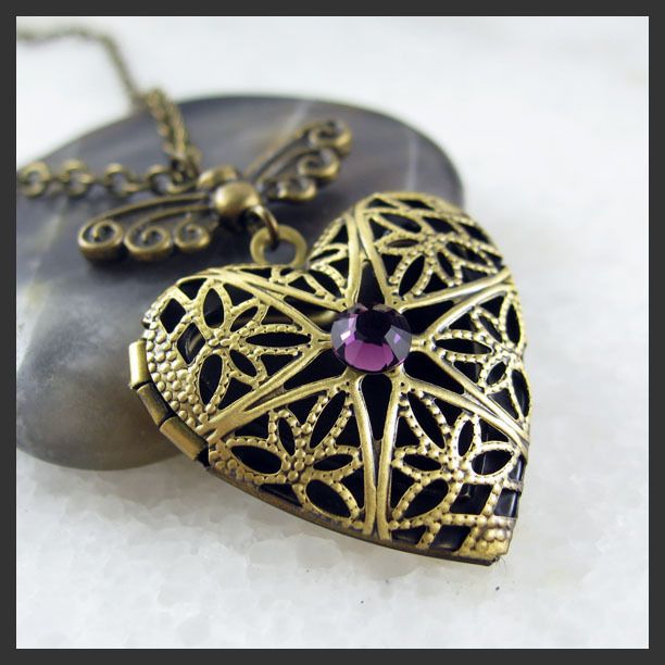 Brass Butterfly Wing Heart Amethyst Fashion Picture Locket Pendant