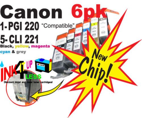 6pk non OEM ink Fits mp990 Canon CLI 221 PGI 220 WChip