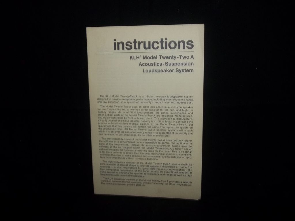 KLH HENRY KLOSS DESIGNED MODEL 22 22A SPEAKERS ORIGNAL MANUAL WARRANTY