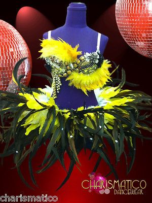 Silver Sequin Two piece Patchwork Yellow Black Feather Samba Carnival