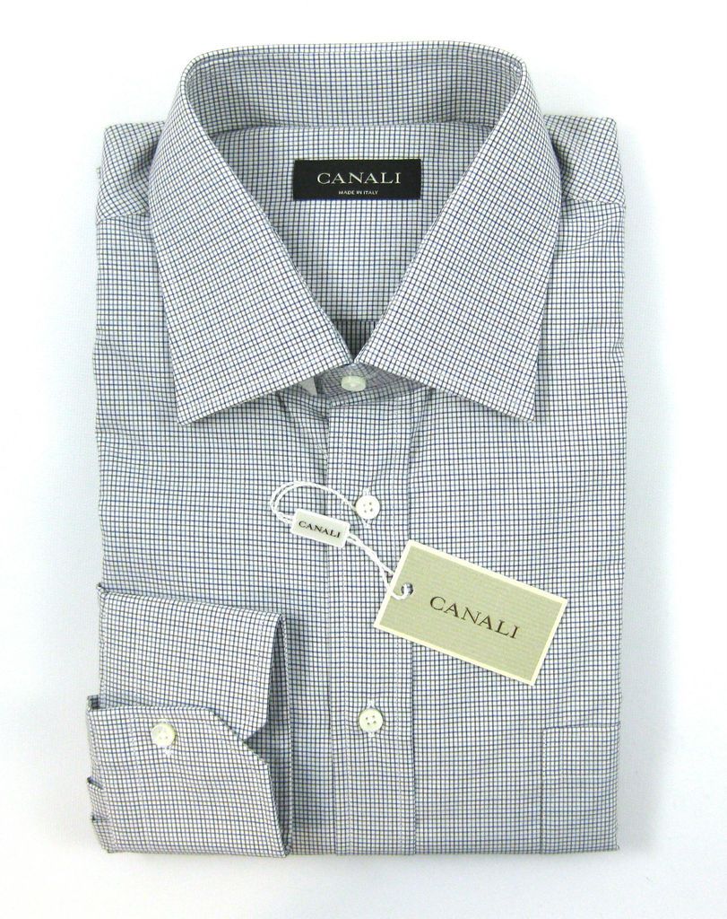 New CANALI Italy Blue Brown Gray White Check Cotton Dress Shirt 17 43