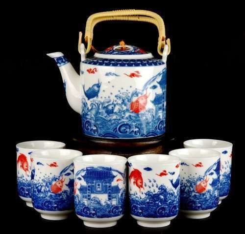 TEA SET DRAGON CARP Chinese Porcelain 6 cup Goldfish