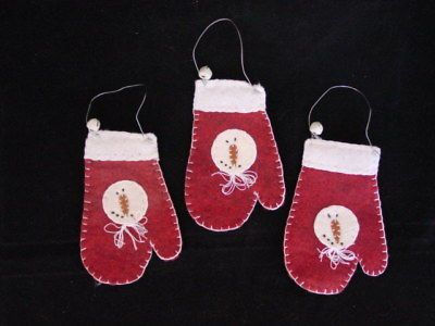 Primitive Penny Rug Style SNOWMAN Mitten Ornaments 3pc