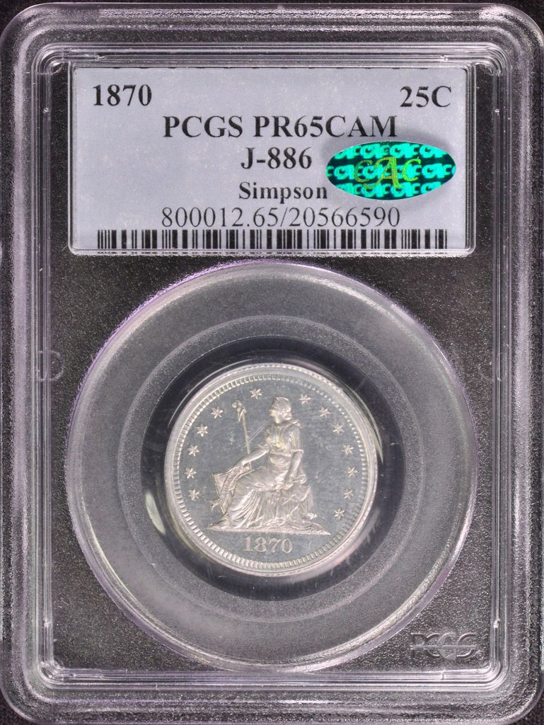 1870 SEATED 25C J 886 PCGS PR 65 CAM