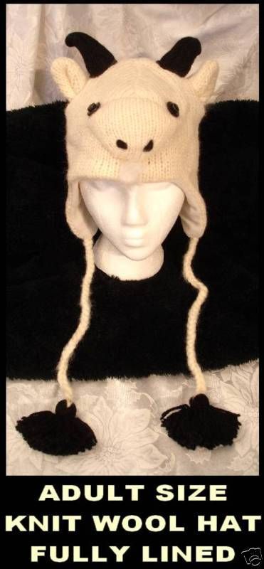 GOAT HAT knit ADULT delux FLEECE LINED alpaca ski cap Costume UNISEX