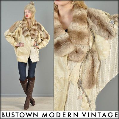 vtg 80s CHINCHILLA FUR + BROADTAIL gemstone batwing mink fox cape