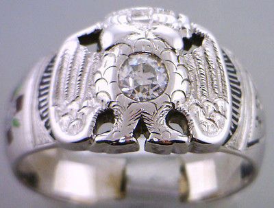 14Kt White Gold Masonic Mens 32nd Degree Center Diamond Ring  Size 12