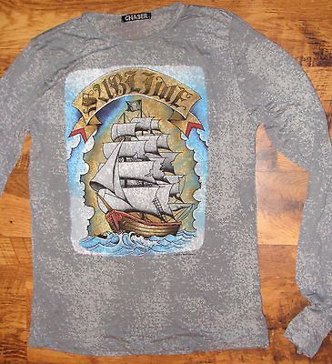 Long Sleeve Gray Sheer Tee Shirt Sailing Ship by Chaser Size Lg Junior