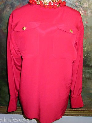 CHANEL Silk BLOUSE Red Shirt Suit Top 9 Gold Clover Buttons 40 Bust