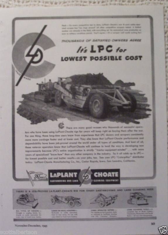 LAPLANT CHOATE EARTHMOVERS BULLDOZER HYCON OLD PRINT AD