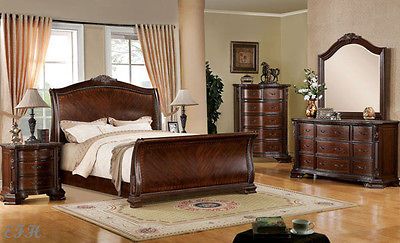 NEW 4PC PENBROKE ELEGANT BROWN CHERRY FINISH WOOD SLEIGH QUEEN KING