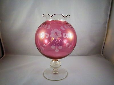 Cranberry Flashed Glass Ball Stemmed Bowl / Ivy Vase   Cut to Clear