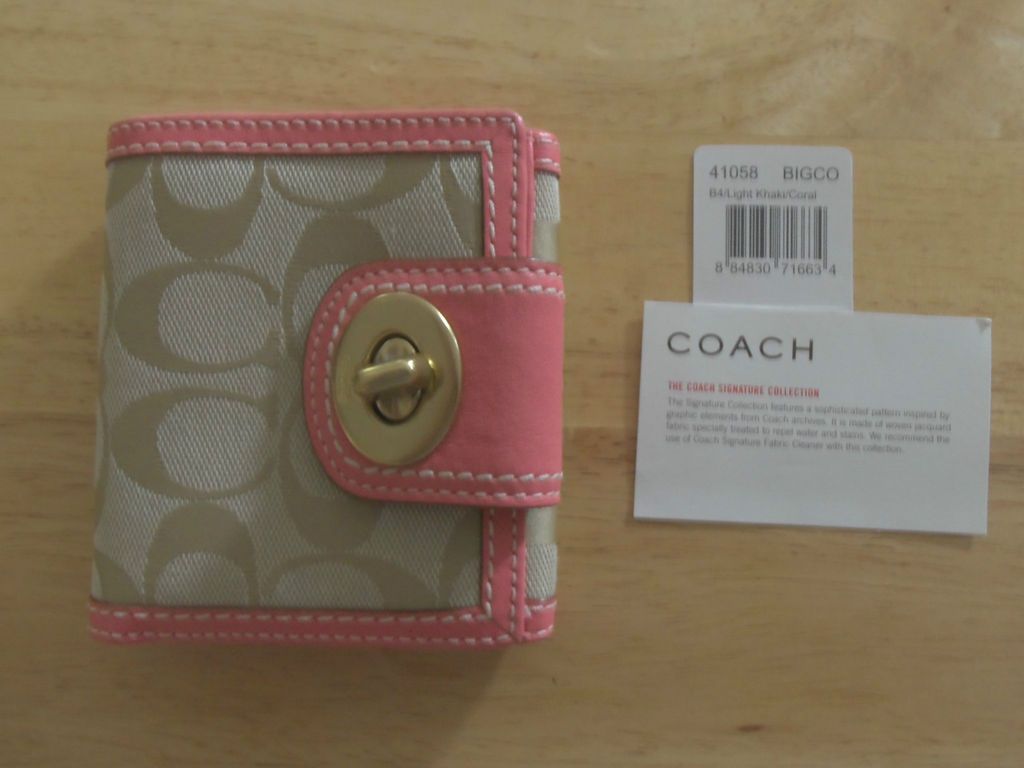 COACH HAMPTON FRENCH PURSE WALLET 41058 KHAKI CORAL EXC COND FREE SHIP