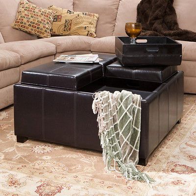 Tray Top Espresso Brown Leather Storage Ottoman Coffee Table