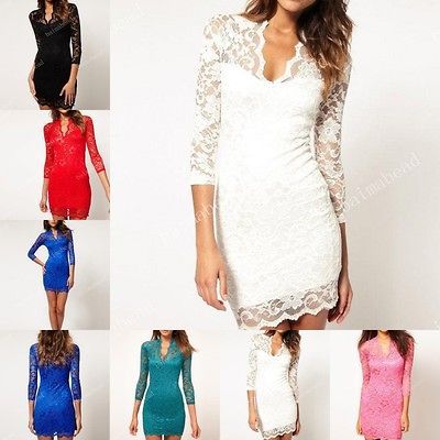 Women Sexy V neck Lace Slim Ladies Cocktail Clubbing Party Mini Dress