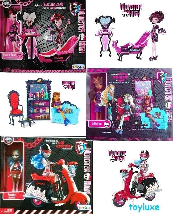 Draculaura & Bath, Clawdeen & Coffin Bean + Ghoulia & Scooter Sets