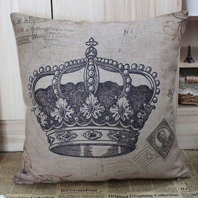 cotton retro stamp & crown pattern decorative pillow cover / cushion