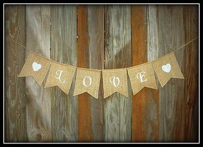 LOVE ~ Script Burlap Wedding Banner/Garland ~ Hearts Rustic Country