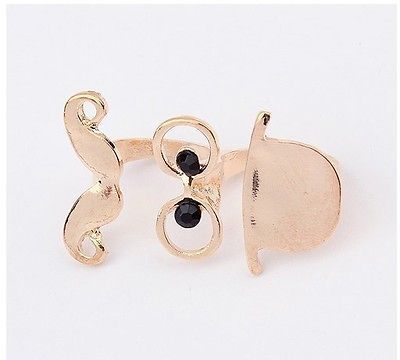 Unisex Gold Plated Cosplay Metal Hat Glass Mustache Duoble Finger Ring