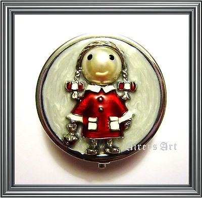 Fashion Girl Pearl Red Doll Unique Cute Compact Round Pill Box Case