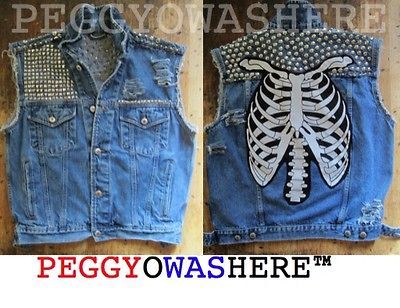 VTG skeleton spikes FADED CUT OFF trucker DENIM JACKET VEST FESTIVAL