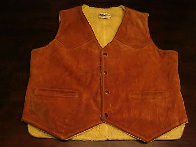 RARE Vtg Mens Genuine Leather Buckskin Suede Sherpa Lined Western Vest