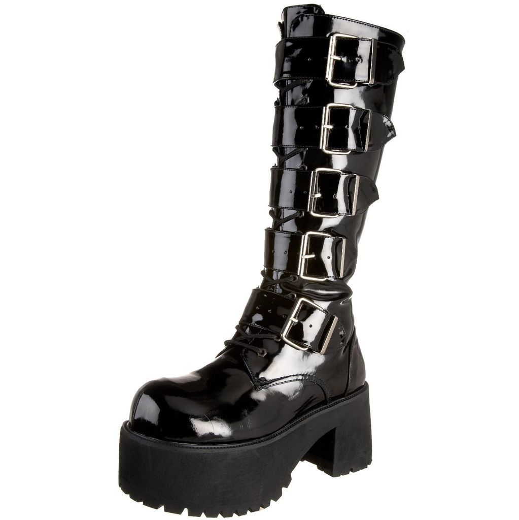 DEMONIA New Black Patent Rock Goth Vegan knee Platform Heel Buckle Zip