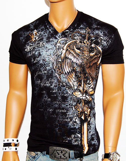 NWT MENS CONFLICT BLACK DESIGNER V NECK T SHIRT MUSCLE MMA UFC CLUB