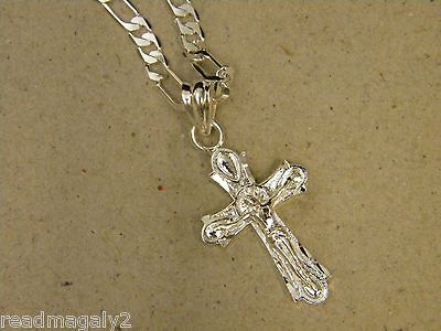 Plated 20in Long Figaro Necklace & Small Cross w Christ Charm Set