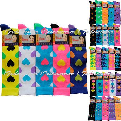 Lot of 5 pairs NEON,Knee high socks 9 11 hearts,stars,a rgyle,dots