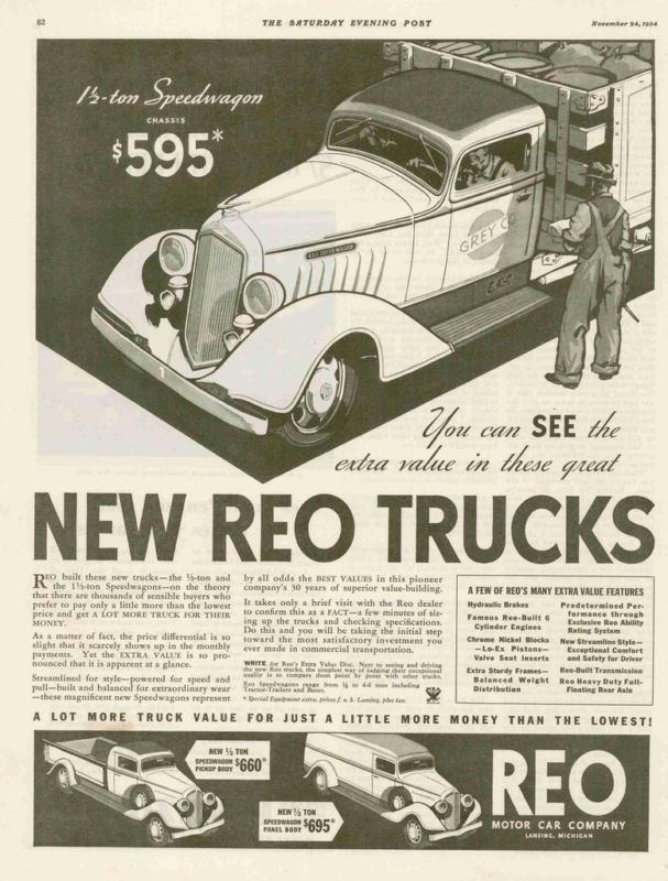 1934 Reo trucks 1 1/2 ton speedwagon Grey & Co. AD