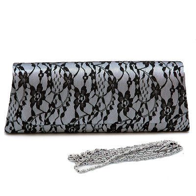 Lace satin evening bag clutch purse silver