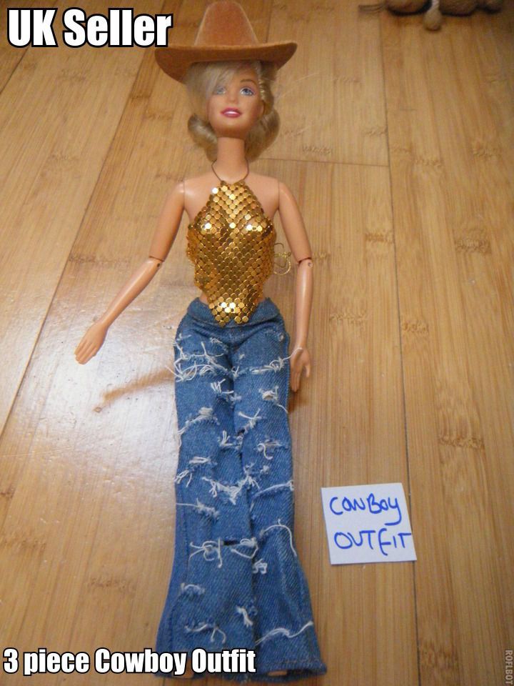 DOLL CUTE COWBOY OUTFIT DRESS 3 PIECE HAT JEANS CHAIN GOLD TOP UK