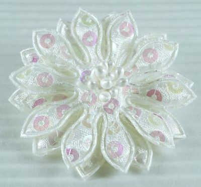 Big Padded Sequin Flower w/ Beads Appliques x 10 White~Wedding/ Bridal