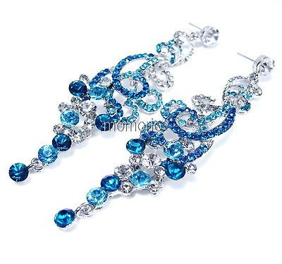 white gold pt blue wind ocean wave dangle grape cocktail crystal studs