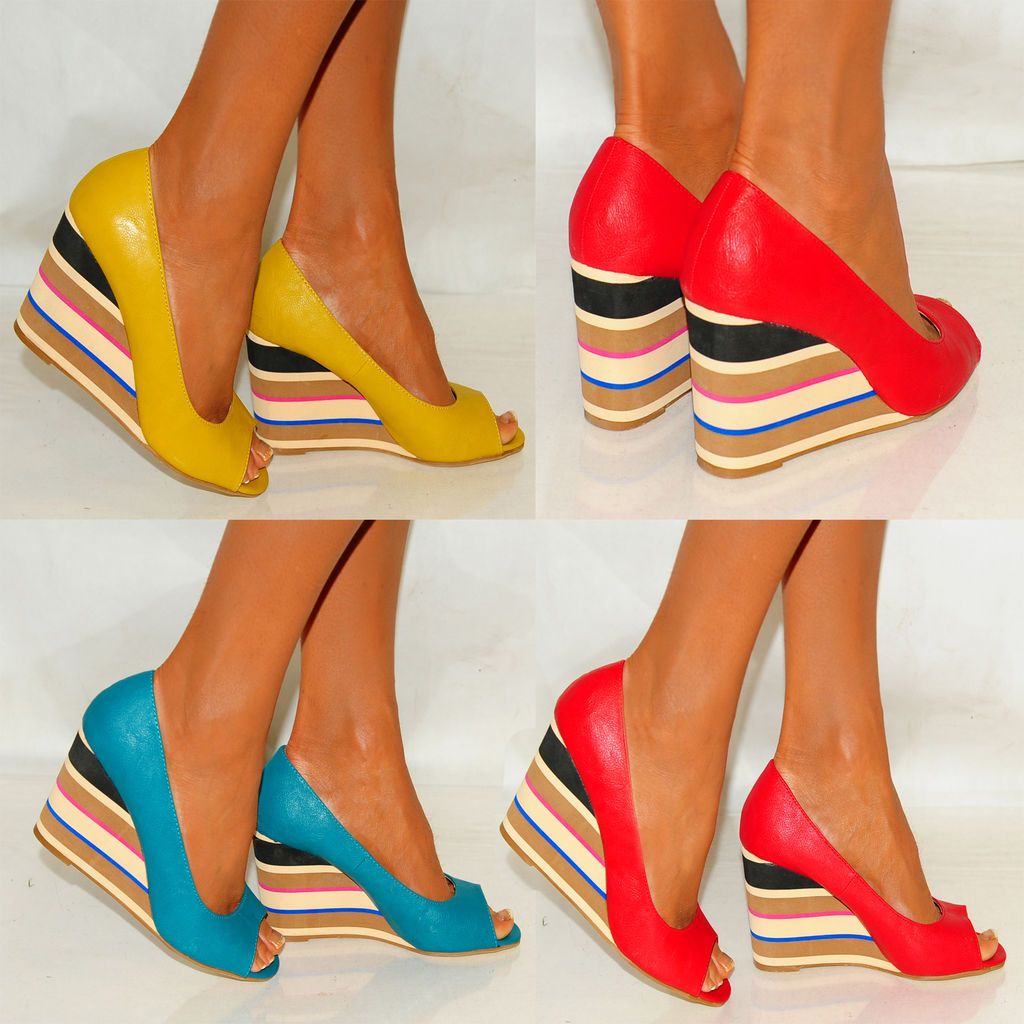 LADIES MUSTARD RED TURQUOISE PEEP TOE STRIPE SUMMER WEDGES SIZES 3 4 5