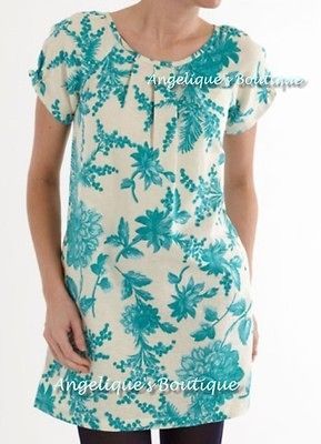 JOULES SIZE 12 AUDREY AQUA GREEN/IVORY FLORAL LINEN MIX TUNIC DRESS