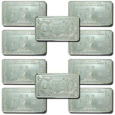 10 TEN 1 TROY OZ U.S. $1 DOLLAR BILL DESIGN SILVER CLAD ART BARS .999