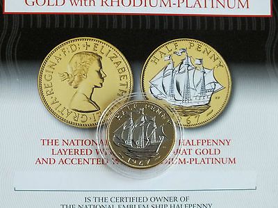 1967 QEII HALFPENNY GOLD LAYERED WITH RHODIUM   PLATINUM   coa