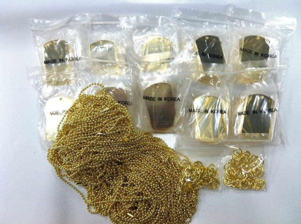 Gold Plated  M dogtag (100pc), Ball Chain (100pc) & Hoop (100pc)/100