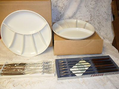 Vintage White Pottery Divided Fondue Sushi Plates PLUS 8 FORKS