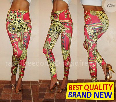 NEW Womens Leggings Leopard Gold Red Flower Print Tights Sexy Ladies