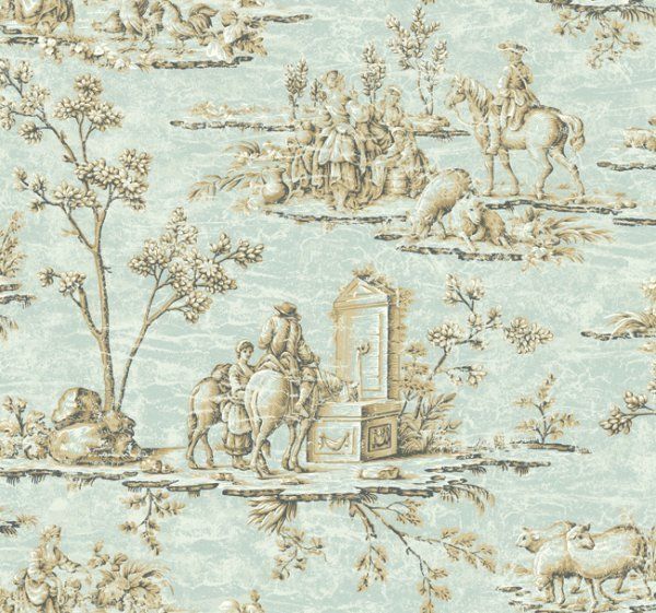 WALLPAPER SAMPLE Designer Blue & Brown Historic French Toile