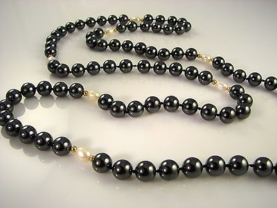 VINTAGE Retro Genuine 18 Hematite & Pearl Black & White Gemstone