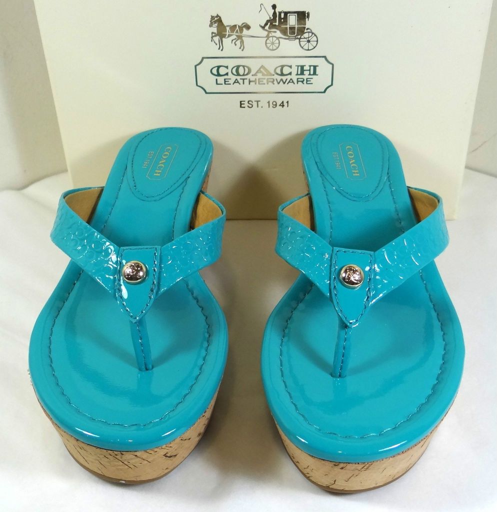 COACH JORGINA EMBOSSED TURQUOISE PATENT WEDGE THONG SANDALS 5 11