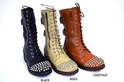 NEW Womens Fashion Studded Spike Combat Boot Zipper And Lace Up